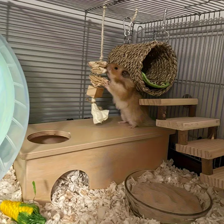 2pcs%20Small%20Pet%20Nest%20Toy,%20Hamster%20Straw%20Woven%20Tunnel%20Nest%20With%20Wooden%20Ladder%20And%20Warm%20Pad,%20Small%20Animal%20Supplies%20-%20Image%205