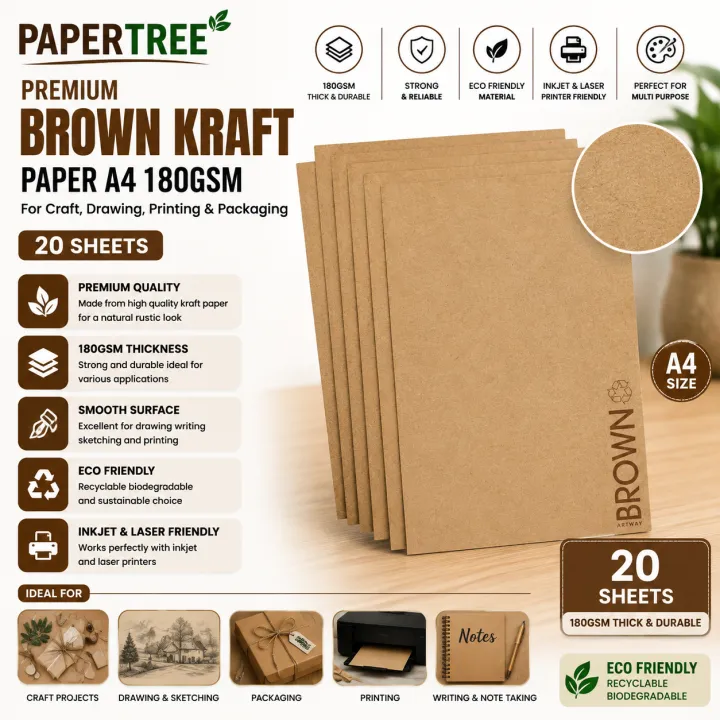 Premium Brown Kraft Paper A4 180GSM 20 Sheets for Craft Drawing Printing & Packaging