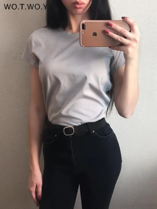 WOTWOY%202023%20Summer%20Casual%20Solid%20Slim%20Fit%20T-shirts%20Women%20Cotton%20Basic%20T%20Shirt%20Female%20Knitted%20Tops%20Y2k%20Clothes%20Korean%20Fashion%20Tees%20-%20Image%203