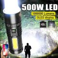 1000000 Lumens 500W NEW Wick Powerful Flashlight Rechargeable Tactical Flash Light Long Range 3000M Search Lamp With Side Light. 
