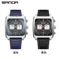 Sanda Hot Selling New Quartz Watch with Three Eyes and Six Needles, Trendy Men's Square Waterproof Band Calendar Watch, One Piece for Shipping.