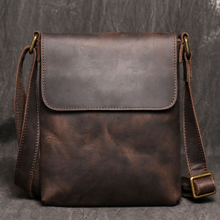 Vintage Brown Crossbody for Men Genuine Leather Men's Casual Shoulder Bag Fashion Design Sling Bag 7.9 inch ipad Phone Bag