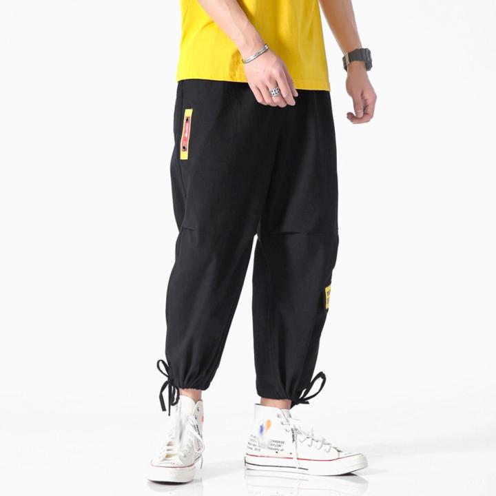 BQODQO Black Drawstring Casual Pants For Men Streetwear Military Autumn Trouser Male Stylish Loose Japanese Cotton Baggy Bottoms