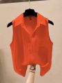 Solid Color Sleeveless Chiffon Crepe Shirt Summer Women Blouses Fashion White Yellow Button Up Shirts Office Ladies Basic Top.