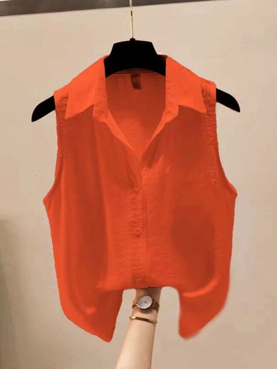Solid Color Sleeveless Chiffon Crepe Shirt Summer Women Blouses Fashion White Yellow Button Up Shirts Office Ladies Basic Top