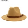 【Straggle Steipos】Autumn Winter Wide Flat Brim Wool Fedora Hats With Belt European Us Fashion Jazz Formal Top Hat Chapeau Black Cap For Men Women. 