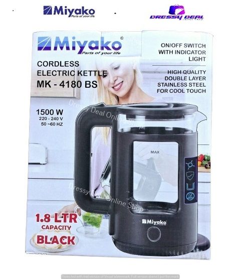 Miyako MK-4180 BS Automatic Cordless Electric Kettle  high qualiy double layerTransparent Glass kettly 1500 Watt