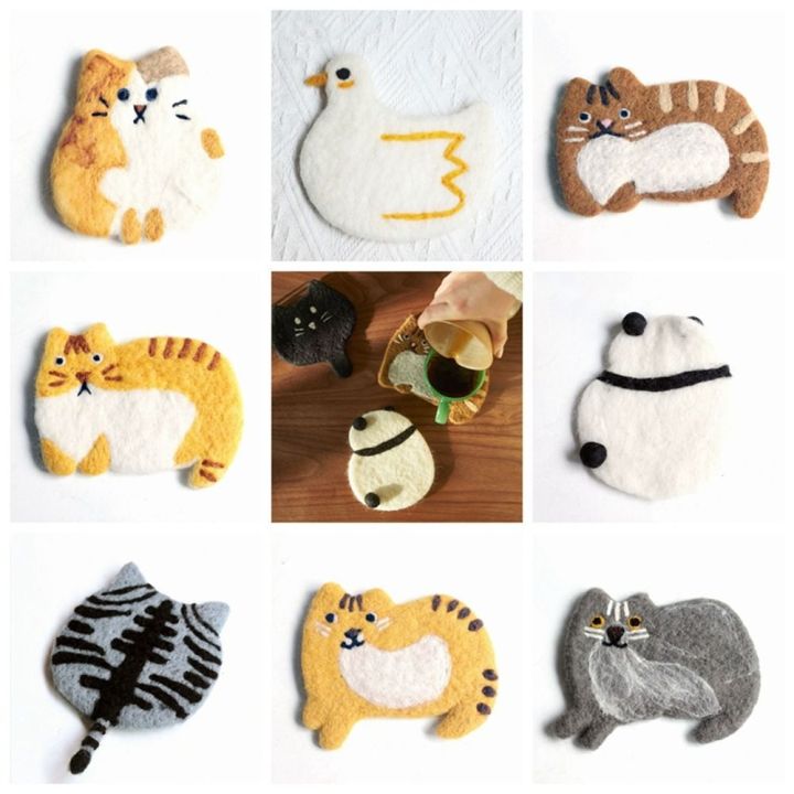 1PC Felted Wool Cat Coasters Cute Animals Handmade Coasters Ins Kitten Cup Pad Home Photo Props Dining Table Decoration