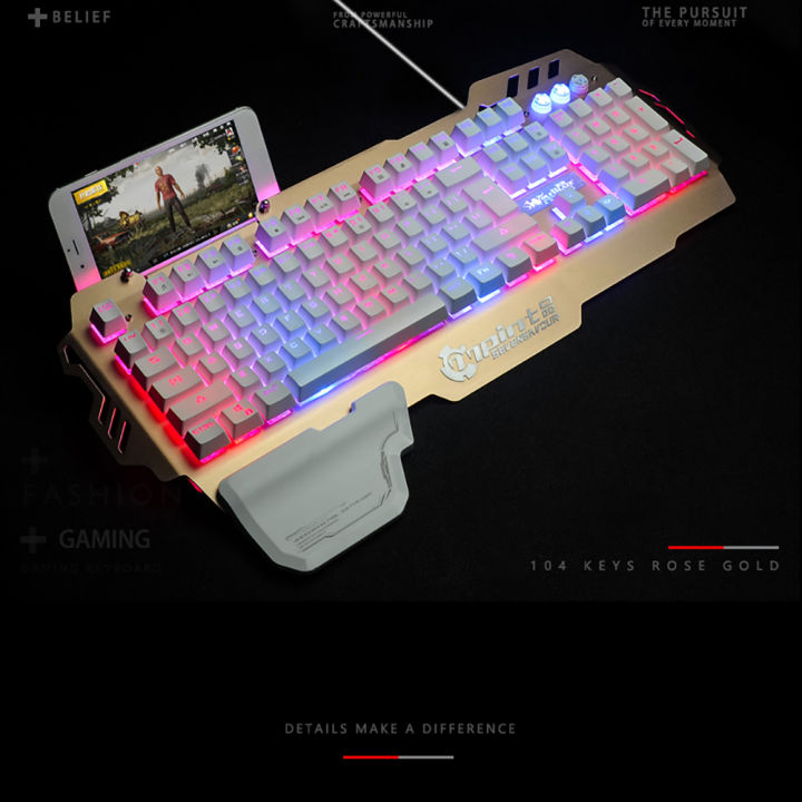 HXSJ%207Pin%20Pk-900%20Gaming%20Keyboard%20Rgb%20Backlight%20Computer%20Keyboard%20With%20Mo-bile%20P-hone%20HO-lder%20Wrist%20Rest%20S-ilver%20-%20Image%209