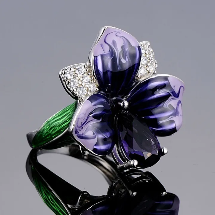2023%20New%20Fashion%20925%20Sterling%20Silver%20Jewelry%20Sets%20For%20Women%20Elegant%20Enamel%20Dark%20Purple%20Zircon%20Flower%20Necklace%20Ring%20Earrings%20Girl%20-%20Image%204