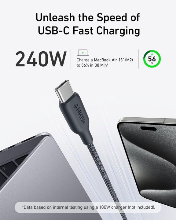 Anker 240W USB-C to USB-C 1.8M Cable Bio-based Nylon Braided Data Cable Environmentally For iPhone 15 iPad Pro MacBooks Android
