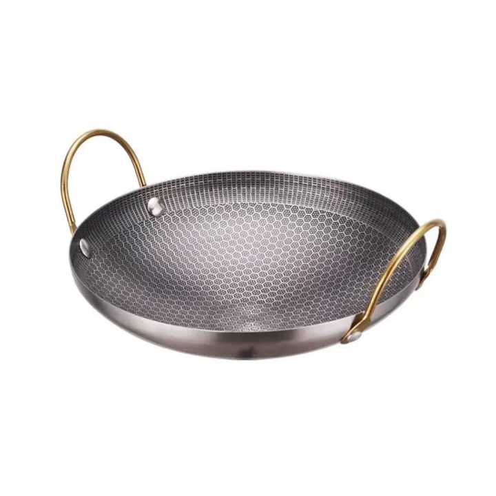 Honeycomb Non-Stick Stainless Steel Wok Pan | Tri-Ply Kadai with Golden Brass Handles | Induction & Gas Cooktop Compatible | Easy Clean Fry Pan