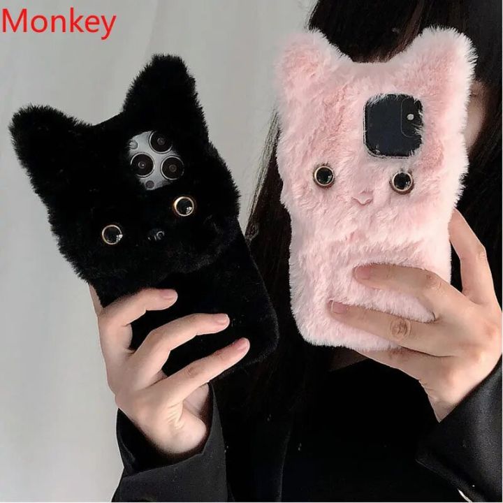3D Cute Plush Cat Case iphone 13 pro For iPhone 11 12 14 15 Pro Max X XS XR 6 7 8 Plus SE 2 Furry Fluffy Fur Soft Silicone Cover