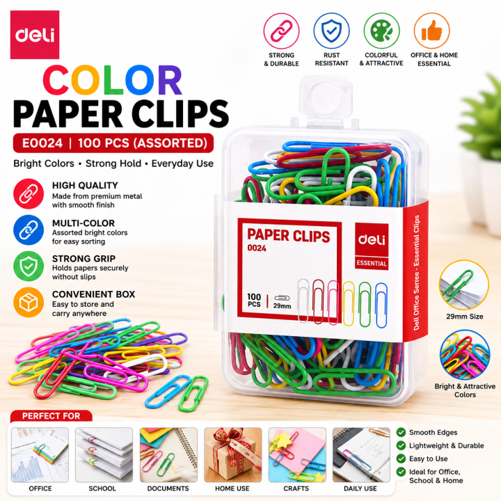 Deli E0024 Color Paper Clips 100 Pcs Assorted Colors Office & School Stationery