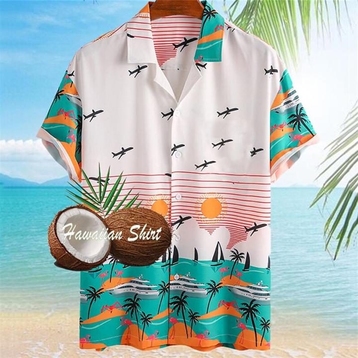 Hawaiian Shirts For Men Summer Beach Vacation Short Sleeve Shirts Fashion Print Lapel Oversized Shirt Top Casual Holiday Clothes
