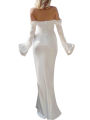Women's Solid Color Satin Long Dress, Slit Long Sleeve Off Shoulder Backless Back Zipper Slim Dress for Party Club.