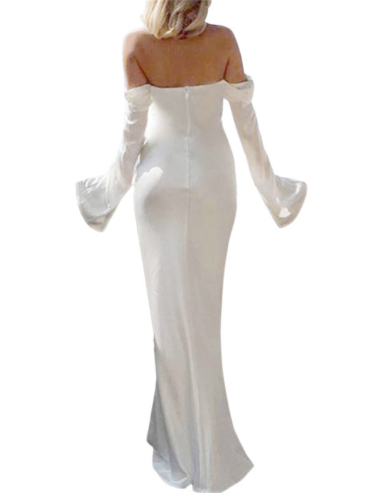 Women's%20Solid%20Color%20Satin%20Long%20Dress,%20Slit%20Long%20Sleeve%20Off%20Shoulder%20Backless%20Back%20Zipper%20Slim%20Dress%20for%20Party%20Club%20-%20Image%204