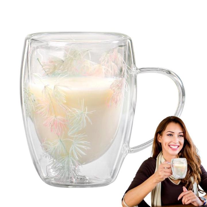 Cute Mugs Aesthetic Clear Flowers Double Insulated Glass Cup 350ml Flower Mugs With Handle Heat Resistant Aesthetic Coffee Mug