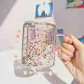 Girl Heart Bubble Starry Sky Cup Star Sequin Double Wall Glass Handle Heat-resistant Milk Kawaii Cute Coffee Mug. 