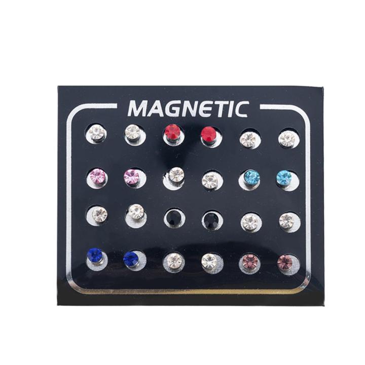 12Pairs/Set Unisex Rhinestone Inlaid Magnetic Stud Earrings Non Piercing Jewelry