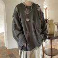 Solid Color Sweater Ripped Hole Sweater Streetwear Men's Sweater Hop Style Ripped Two-piece Design Knitted Round Neck Soft Warm.