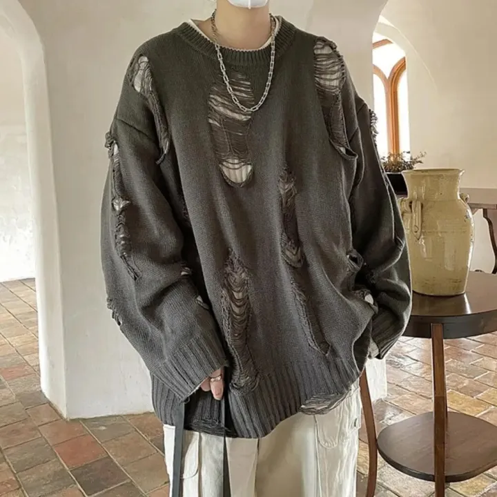 Solid%20Color%20Sweater%20Ripped%20Hole%20Sweater%20Streetwear%20Men's%20Sweater%20Hop%20Style%20Ripped%20Two-piece%20Design%20Knitted%20Round%20Neck%20Soft%20Warm%20-%20Image%203
