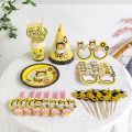 Bee Birthday Party Decors Disposable Tableware Kit Bee Yellow Black Polka Dot Balloons Kids Birthday Bee Baby Shower Supplies. 