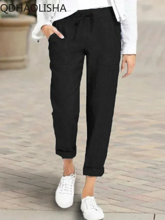 Women's%20Pants%20New%20In%20Korean%20Fashion%20Commuter%20High%20Waist%20Women%20Clothes%20Cotton%20Lace-up%20Pencil%20Wide%20Trousers%20Streetwear%20Black%20Pants%20-%20Image%202