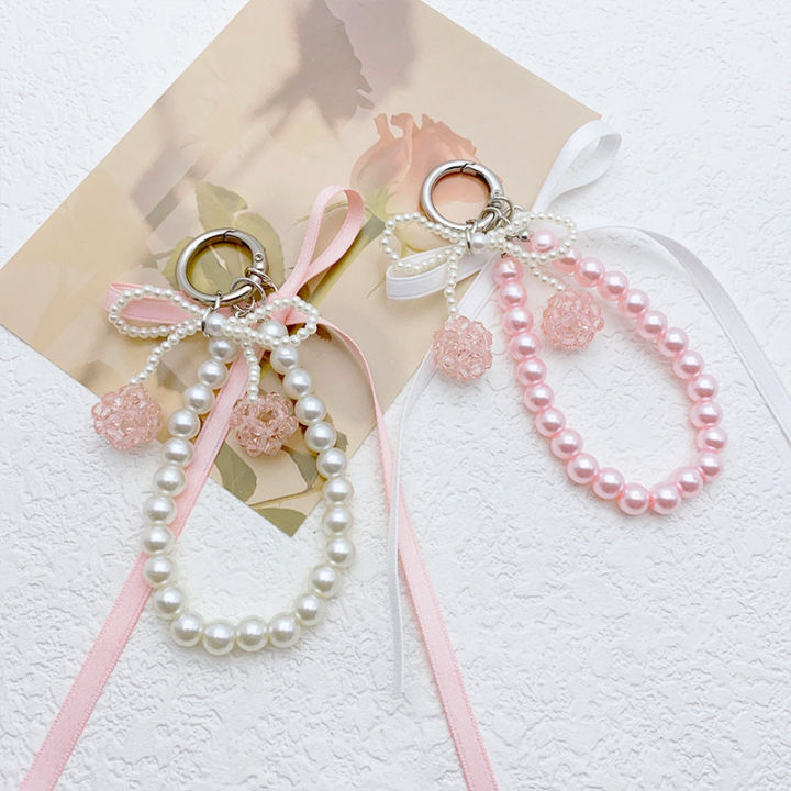 Cute Pearl Bow Beaded Phone Charms Lanyard Aesthetic Cell Phone Strap Pearl Wrist Beads Chain Charm Sweet Gifts Fayshow