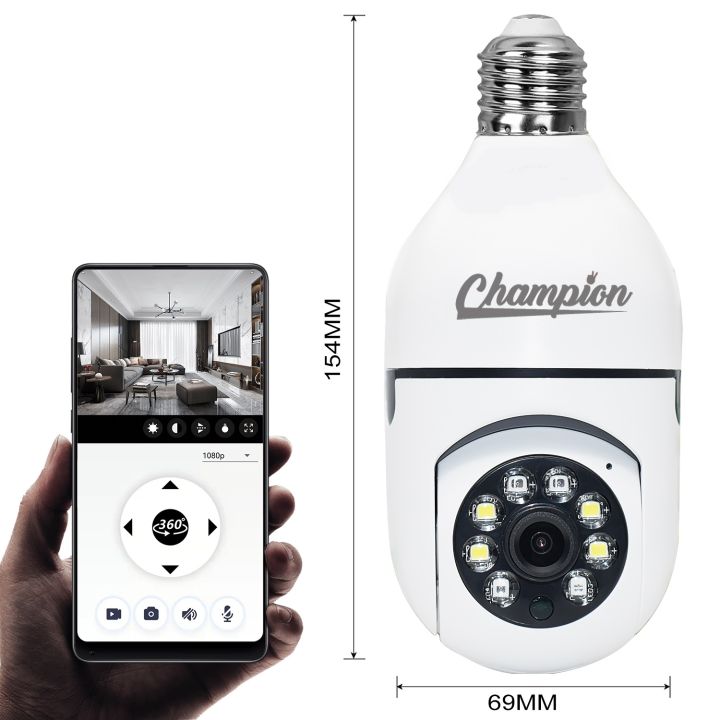 Champion Ip Camera V380 PTZ Full HD 2MP 1920P WIFI IP Camera E27 Bulb Camera 360 Degree Wireless Home Color Night Vision Two Way Audio Smart Motion Detection Micro SD 64 GB Support Wifi IP Camera