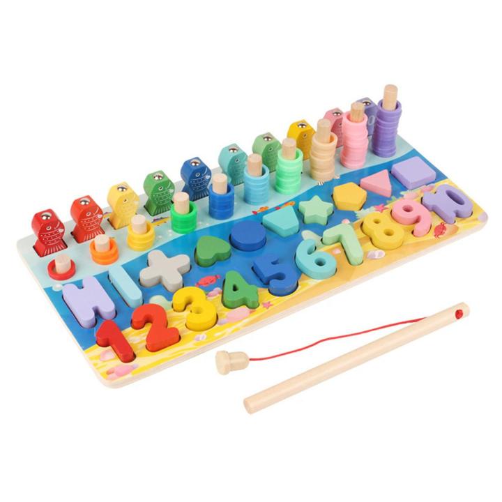 【Serendipity party】Baby Kids Educational Wooden Toys 5 in 1 Fishing Count Numbers Matching Digital Shape Puzzle