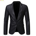 Black Single-button V-neck Blazer Jacket Men's Fashion Casual Coat PU Fabric Large Size M-5XL Outer Flap Pocket Decoration.
