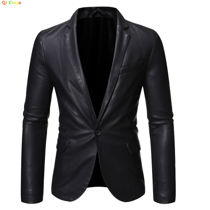 Black Single-button V-neck Blazer Jacket Men's Fashion Casual Coat PU Fabric Large Size M-5XL Outer Flap Pocket Decoration