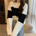 2021 Short Autumn and Winter Color-Block Crew Neck Sweater Women's Loose and Lazy Style All-Matching Striped Long Sleeve Pullover Sweater Fashion. 