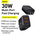 BASEUS Compact Quick Charger 2U+C Three Ports 30W Travel Power Adapter US Plug. 
