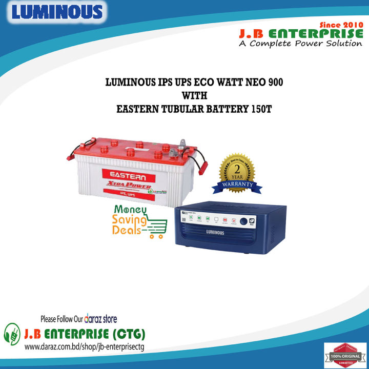 LUMINOUS IPS UPS ECO WATT NEO 900 WITH EASTERN TUBULAR BATTERY 150T