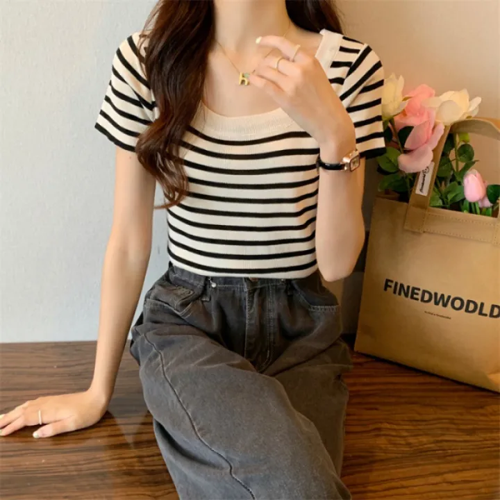 French%20Style%20Big%20u%20Collar%20Black%20and%20White%20Striped%20Shoulder%20Square%20Collar%20Short%20Sleeve%20T%20T-shirt%20Women's%20Summer%20Design%20Sense%20Niche%20Short%20Clavicle%20Top%20-%20Image%207