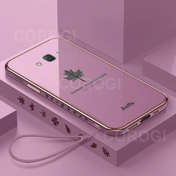 COROGI for Samsung Galaxy Grand Prime Back Cover with Lanyard Luxury Plating Maple Leaf Stylish Fancy Case Soft Silicone Square Mobile Phone Cases Pouch for Girls Boys