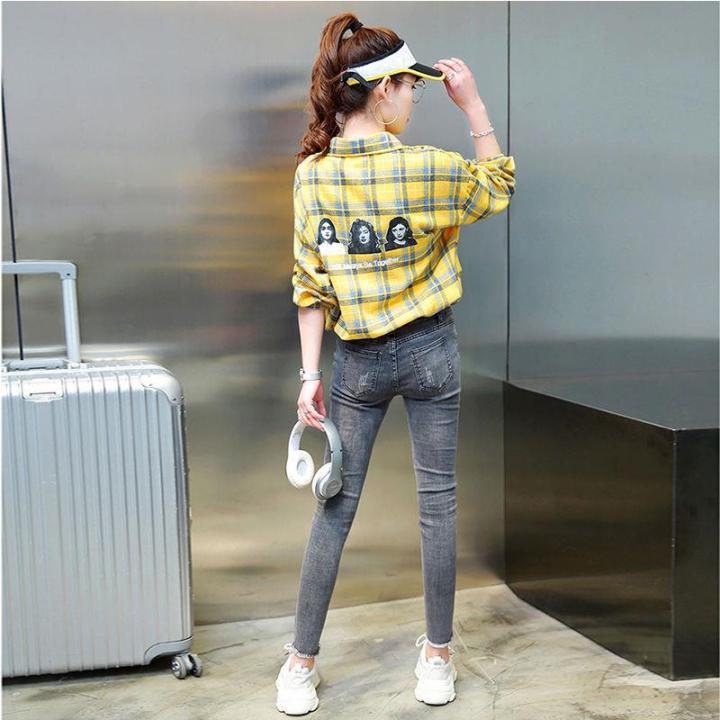 New%20plaid%20shirt%20ins%20Women's%20Loose%20Korean-Style%20Spring%20Long-Sleeved%20Shirt%20Brushed%20Hong%20Kong%20Style%20Shirt%20Retro%20Fashion%20-%20Image%204
