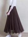 2022 New Spring Summer Korean Style Women Swing Long Skirt Pleated Lace Mesh Sweet Loveliness Lady High Waist Ball Gown Skirts.