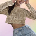 Women Sequin Top Sparkling Sequin Crop Top for Women Stylish O Neck Long Sleeves Soft Pullover for Club Party Stage Show Trendy Waist-exposed Lady Top Long-sleeve Top. 