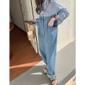 Shirt Stitching Denim Jumpsuit Women's High Waist Loose Drooping Mop Trousers Niche Fried Street Wide Leg Straight Pants. 