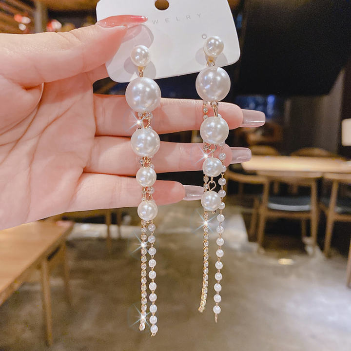 Women Earring Long Zircon Pearl Tassels Drop Earrings