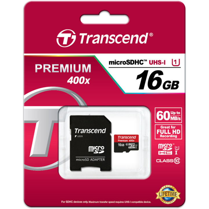 Transcend 16GB Premium microSDHC UHS-I Memory Card with SD Adapter