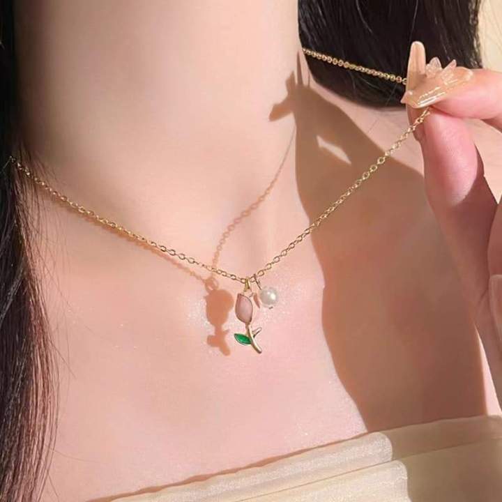 Cute Tulip Flower Shaped Pendant Peach Pearl Flower Chain For Women