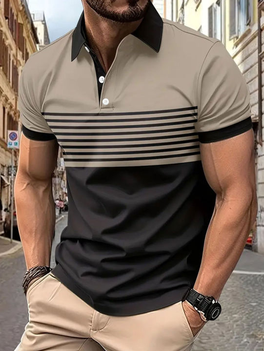 Striped%20Men's%20Casual%20Color%20Block%20Short%20Sleeve%20Lapel%20Polo%20Shirt%20For%20Summer%20Golf%20Shirt%20EUROPEAN%20Measurement%20-%20Image%203
