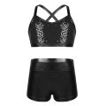 Kids Girls Ballet Dance Clothes Gymnastics Leotard Gym Sports Fitness Workout Tankini Outfit Shiny Sequins Tank Bra Tops Shorts.