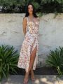 Townlike Waist Wrap Print A-line Midi Long Dress Women Spaghetti Strap 2024 Spring Summer Dress Backless Party Dresses.