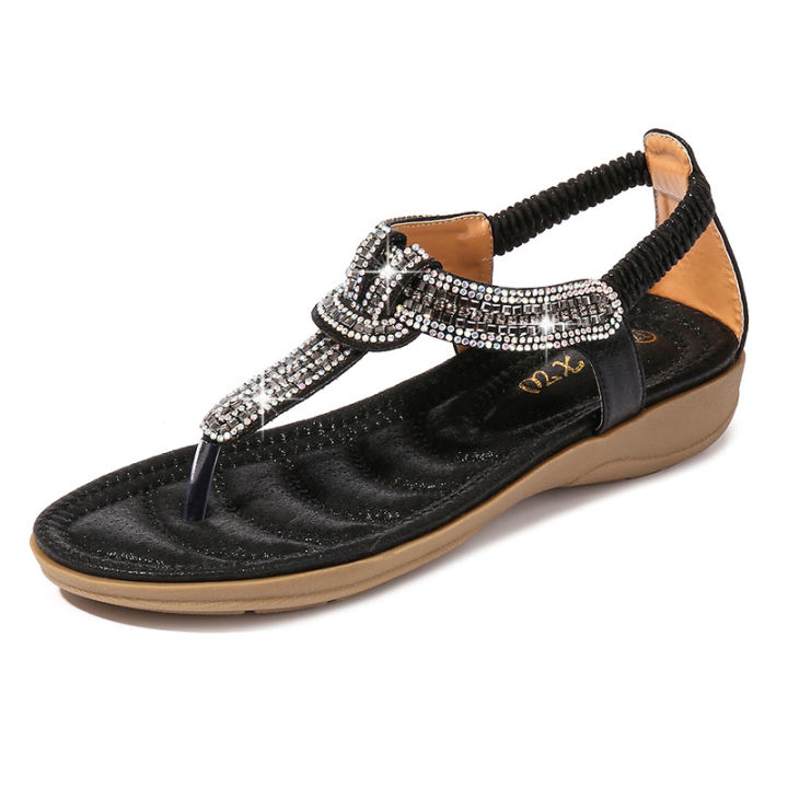 shoes spring 2023 new T-shaped rhinestone beaded sandals Clip-toe beach flat sandals cross-border women's shoes