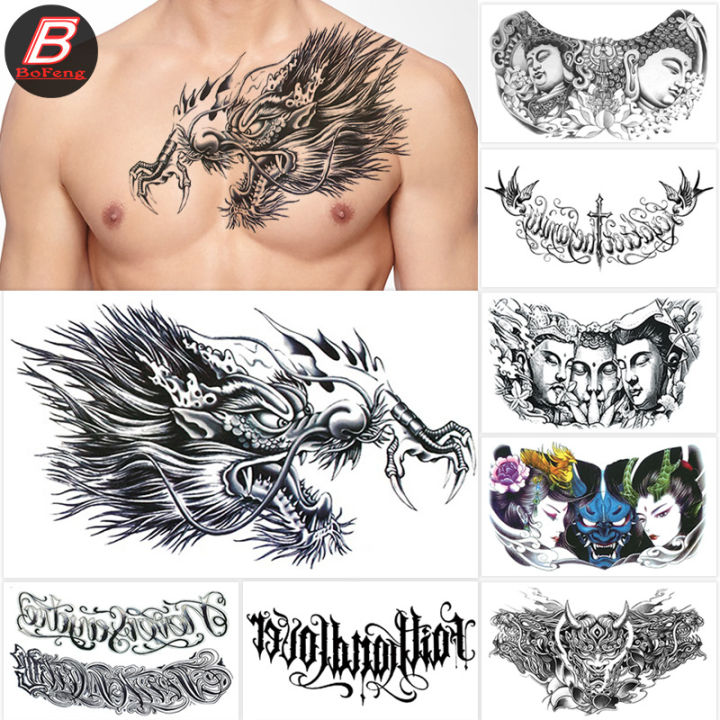 Three-sided Buddha tattoo sticker waterproof long-lasting dragon head over-the-shoulder dragon tattoo flower beauty chest stickers letter tattoo stickers